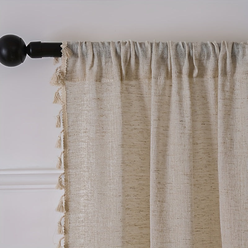 Elegant Beige Sheer Curtain with Tassel Vintage Style