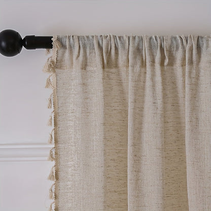 Elegant Beige Sheer Curtain with Tassel Vintage Style