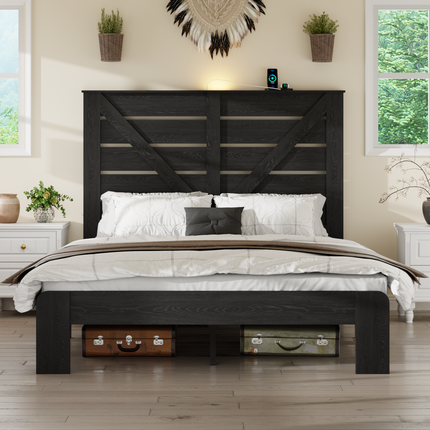 Queen Bed Frame Headboard , Wood Platform Bed Frame , Noise Free,No Box Spring Needed and Easy Assembly Tool,Large Under Bed Storage, Black