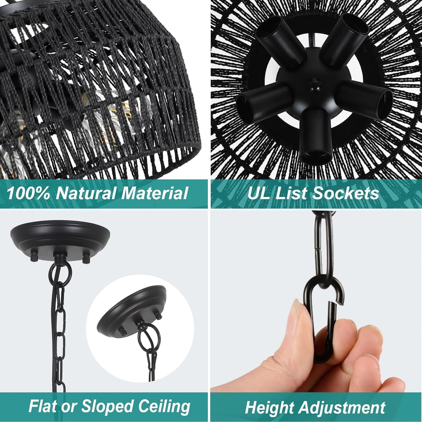 Black Rattan Chandeliers for Dining Room, 5-Light Farmhouse Chandelier