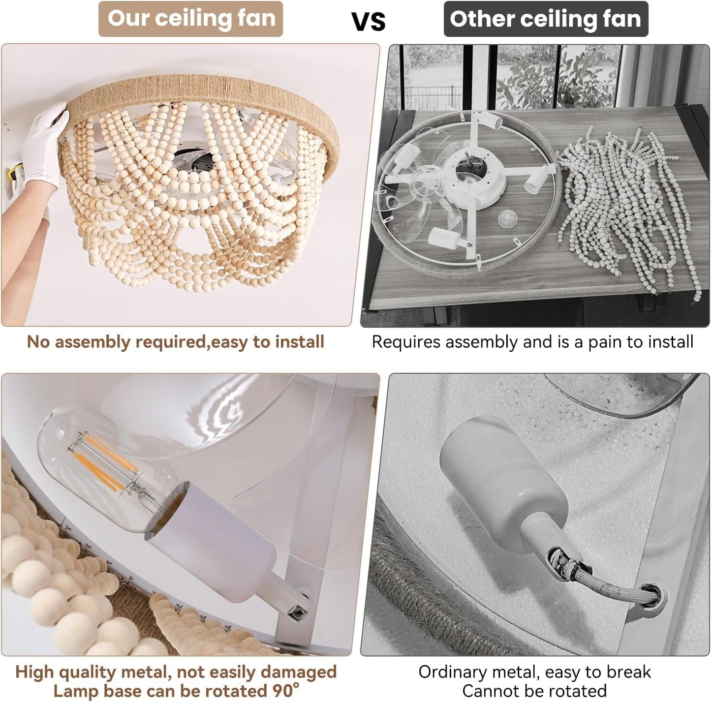 20" Boho Ceiling Fan with Light, Coastal Fandelier Ceiling Fans with