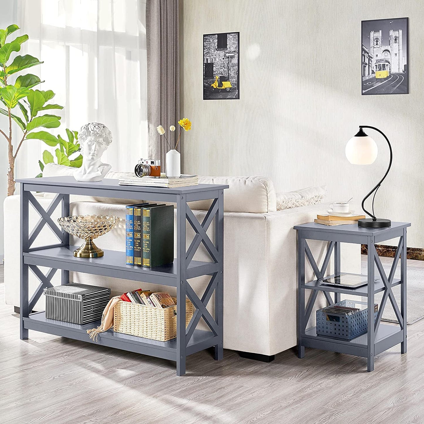 Gray 3-Tier Console Table with Storage Shelves
