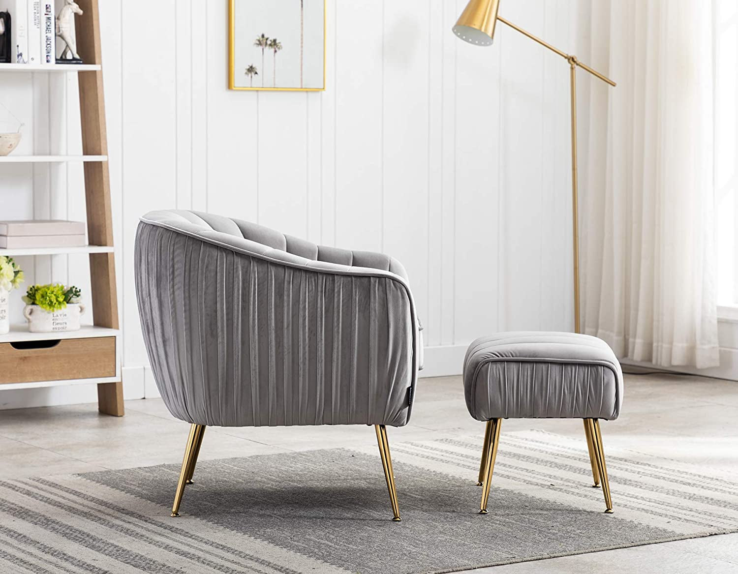 Artechworks Velvet Modern Tub Barrel Arm Chair Upholstered Tufted with Gold Metal Legs Accent Club Chair with Ottoman Footrest for Living Reading Room Bedroom, Grey