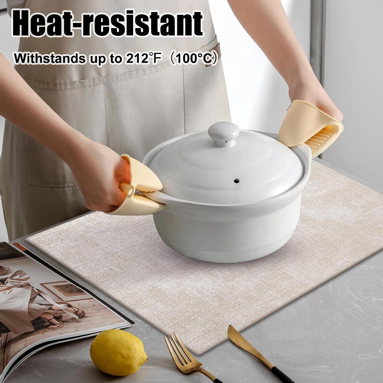 Homaxy Faux Leather Heat Resistant Placemats for Dining Table Set of 6, Waterproof Wipeable Washable PU Table Mats, Easy to Clean Anti-Slip Place Mats, 11.8" X 17", Beige