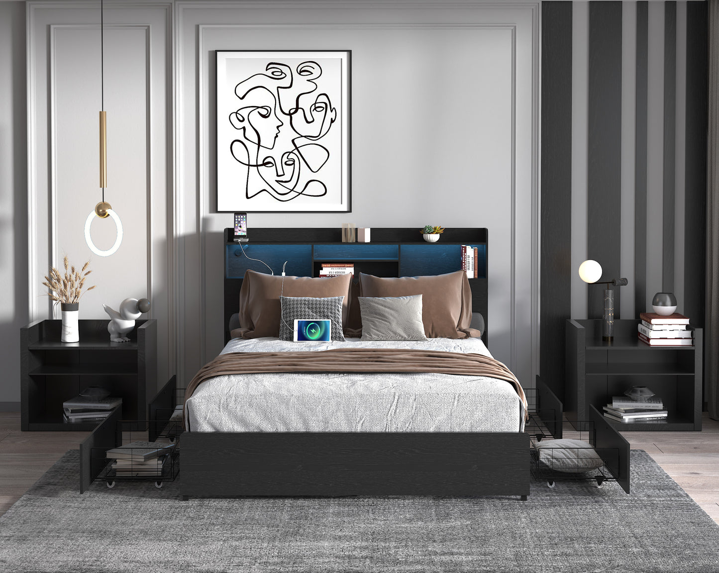 Queen Bed Frame with 4 Storage Drawers Queen Bed Frame with Headboard and Storage Shelf, Storage Bed with Led and Charging Station, No Noise,No Box Springs Needed,Black