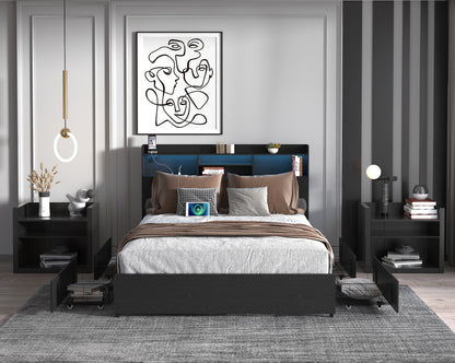 Queen Bed Frame with 4 Storage Drawers Queen Bed Frame with Headboard and Storage Shelf, Storage Bed with Led and Charging Station, No Noise,No Box Springs Needed,Black