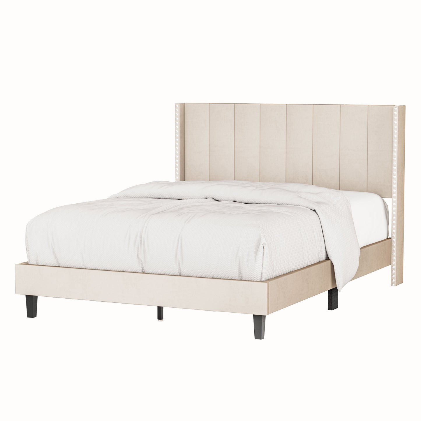 Queen Bed Frame/Velvet Upholstered Bed Frame with Vertical Channel