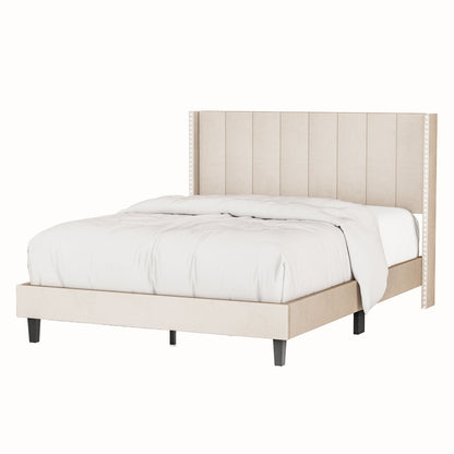 Queen Bed Frame/Velvet Upholstered Bed Frame with Vertical Channel