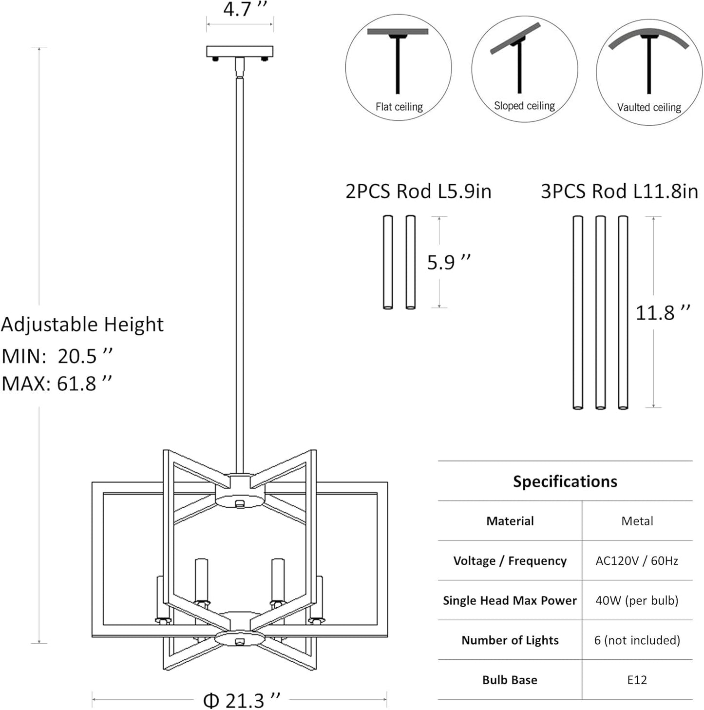 6-Light Modern Farmhouse Black Chandeliers for Entryway, Geometric