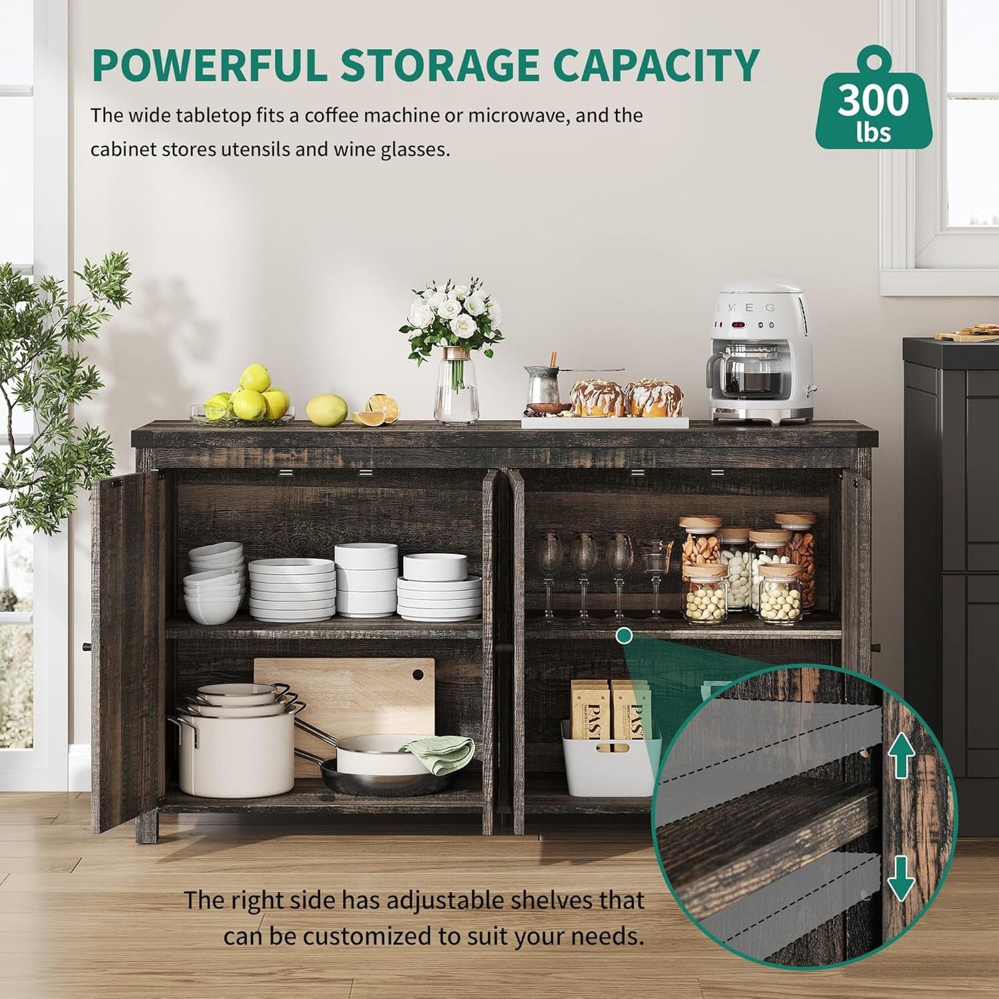 Farmhouse Sideboard Buffet Cabinet with Storage with 4 Doors, 55''