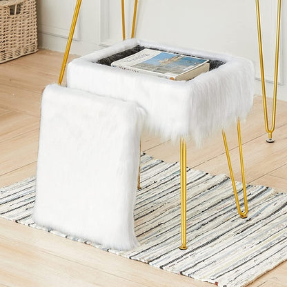 Fuzzy White Ottoman with Gold Legs