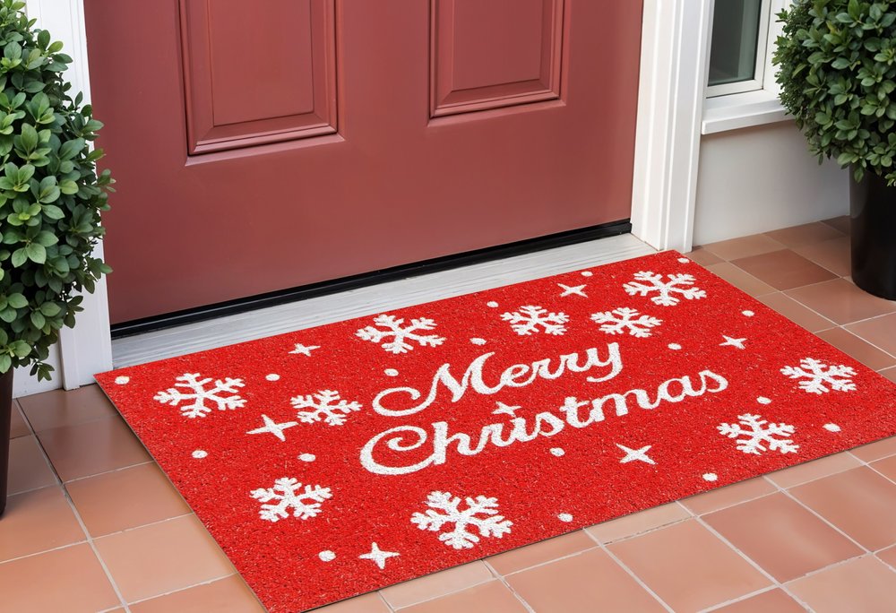 17" X 29" Red And White Coir Merry Christmas Outdoor Door Mat