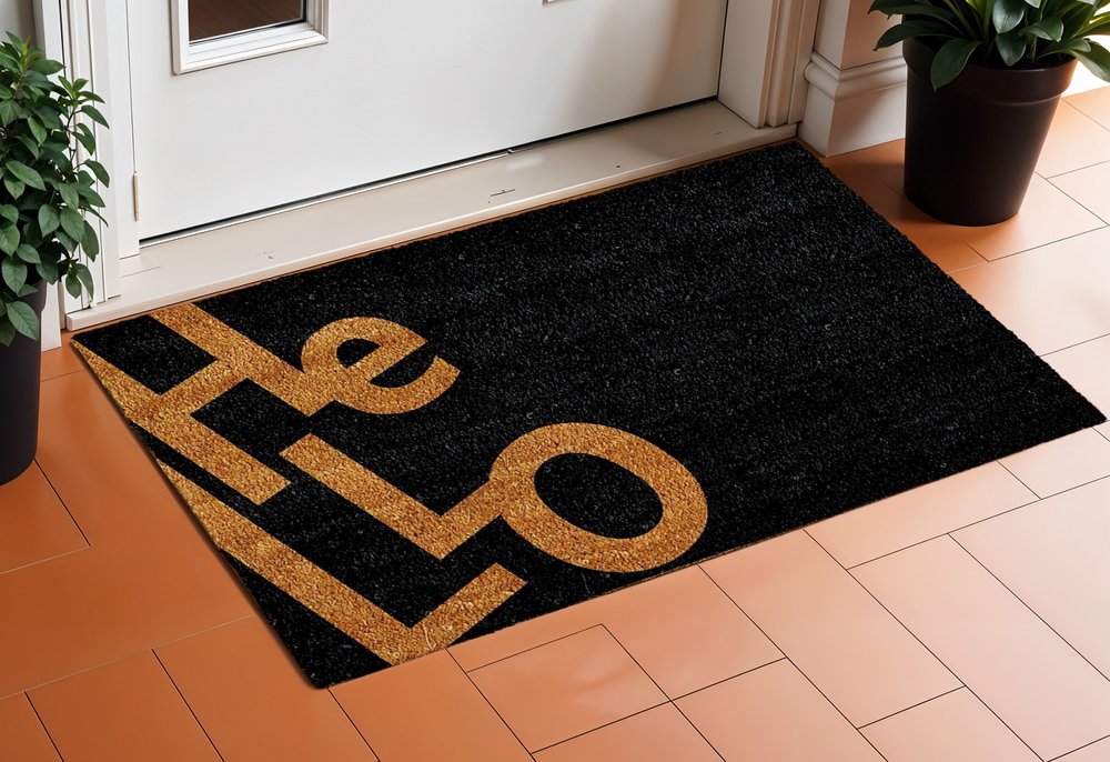 17" X 29" Black And Natural Hello Outdoor Coir Door Mat