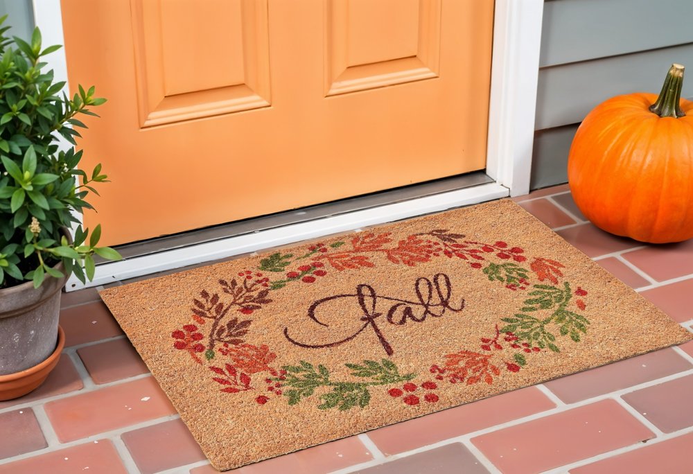 17" X 29" Natural Green And Orange Fall Leaves Coir Outdoor Door Mat