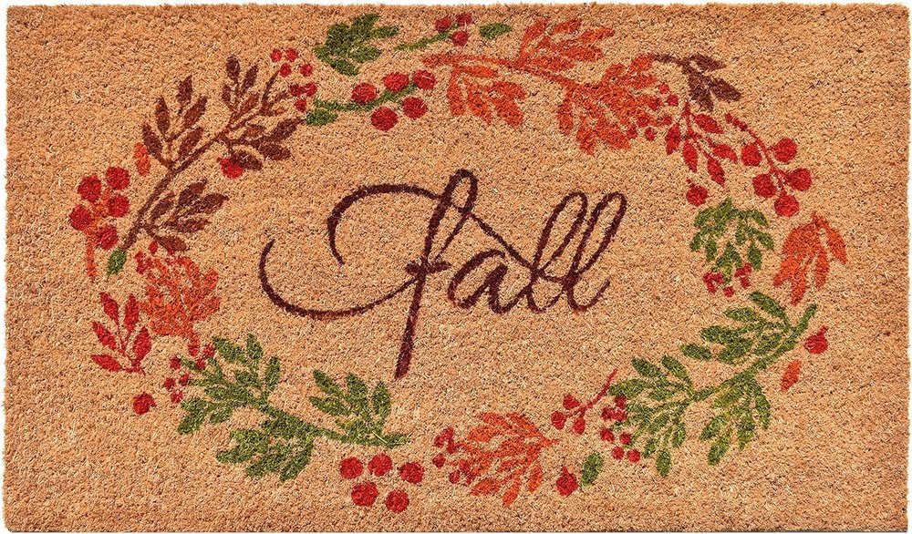 17" X 29" Natural Green And Orange Fall Leaves Coir Outdoor Door Mat