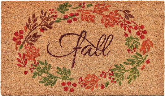 17" X 29" Natural Green And Orange Fall Leaves Coir Outdoor Door Mat