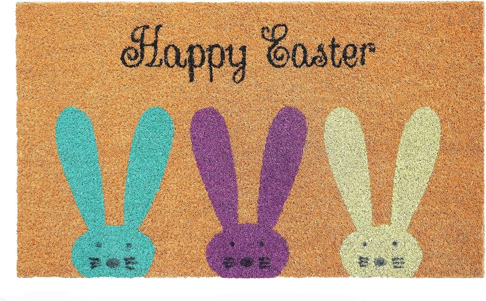 17" X 29" Natural Aqua And Purple Bunny Happy Easter Coir Outdoor Door Mat