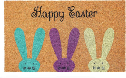 17" X 29" Natural Aqua And Purple Bunny Happy Easter Coir Outdoor Door Mat