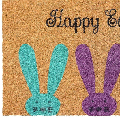 17" X 29" Natural Aqua And Purple Bunny Happy Easter Coir Outdoor Door Mat