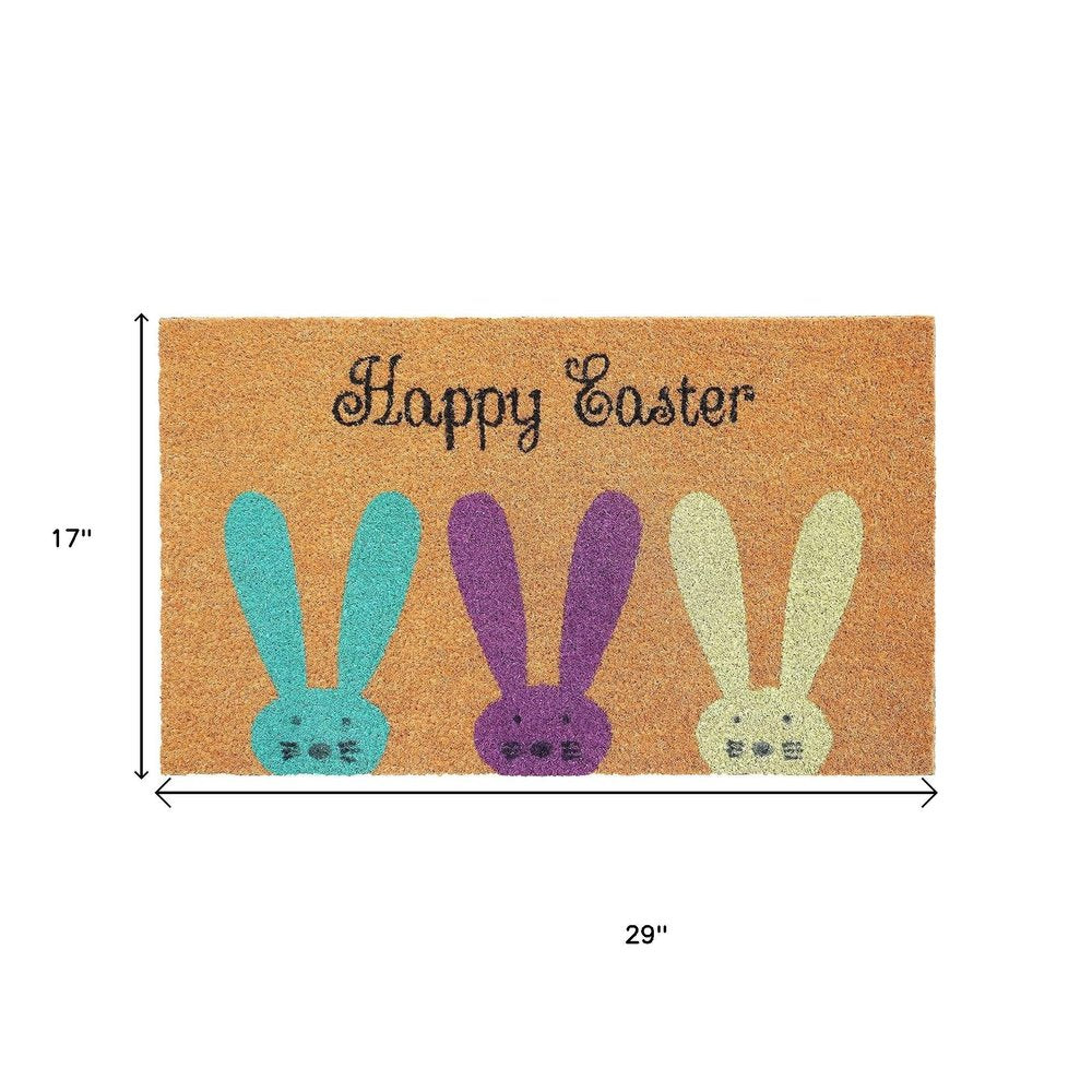 17" X 29" Natural Aqua And Purple Bunny Happy Easter Coir Outdoor Door Mat