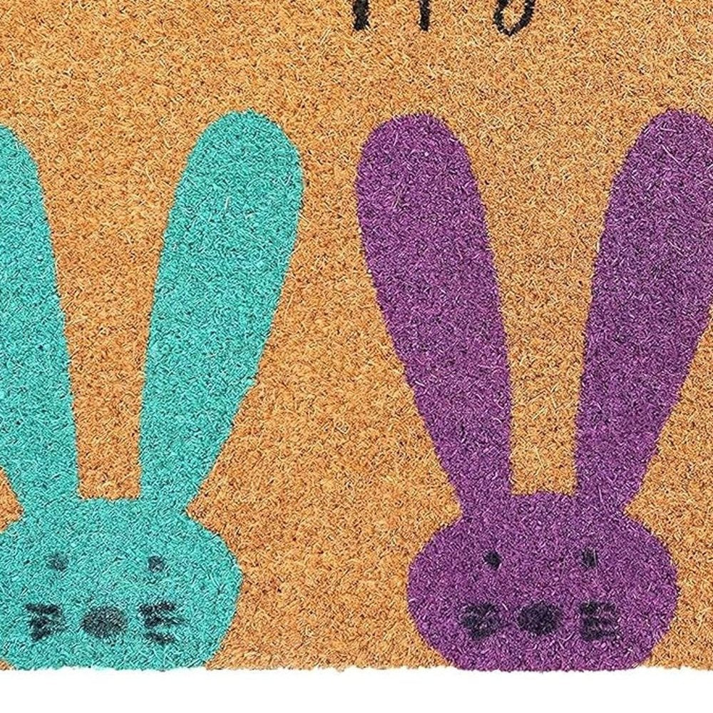 17" X 29" Natural Aqua And Purple Bunny Happy Easter Coir Outdoor Door Mat
