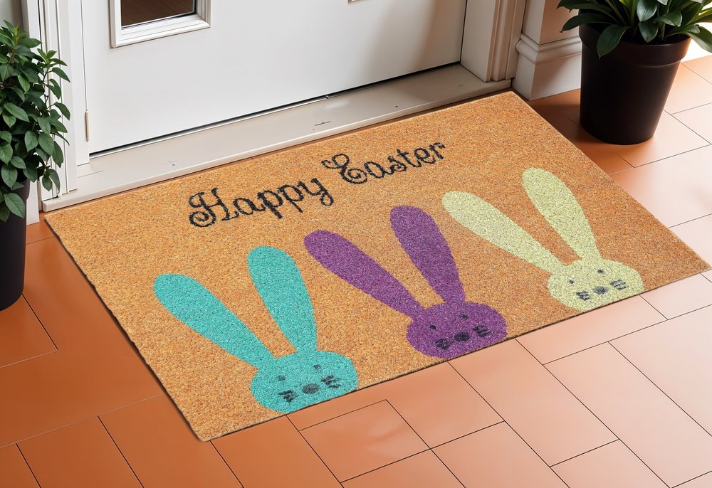 17" X 29" Natural Aqua And Purple Bunny Happy Easter Coir Outdoor Door Mat