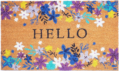 17" X 29" Natural Blue And Purple Floral Hello Outdoor Coir Door Mat