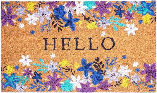 17" X 29" Natural Blue And Purple Floral Hello Outdoor Coir Door Mat