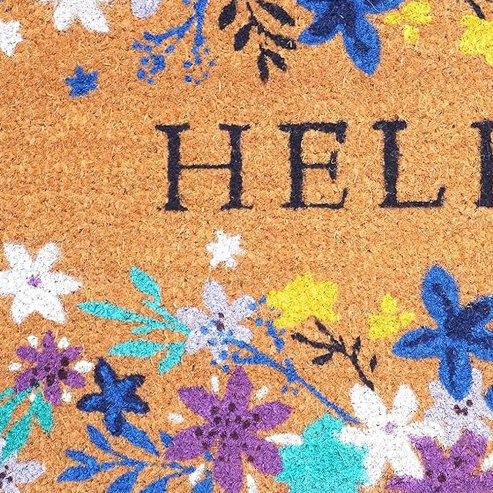 17" X 29" Natural Blue And Purple Floral Hello Outdoor Coir Door Mat