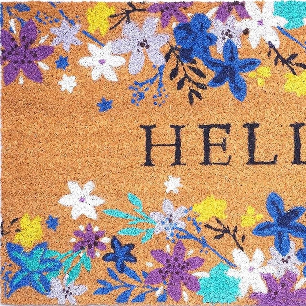 17" X 29" Natural Blue And Purple Floral Hello Outdoor Coir Door Mat