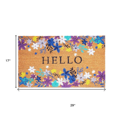 17" X 29" Natural Blue And Purple Floral Hello Outdoor Coir Door Mat