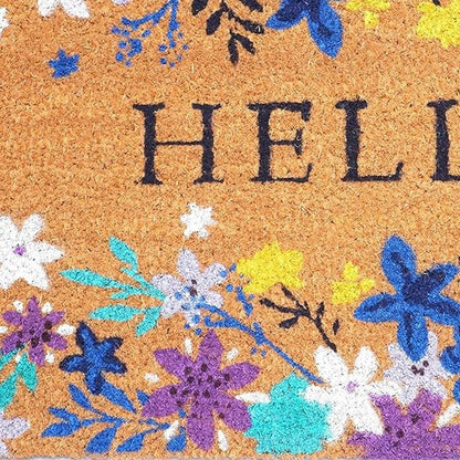 17" X 29" Natural Blue And Purple Floral Hello Outdoor Coir Door Mat