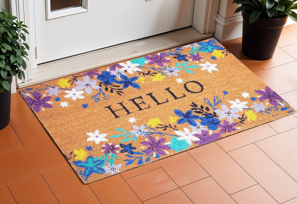 17" X 29" Natural Blue And Purple Floral Hello Outdoor Coir Door Mat
