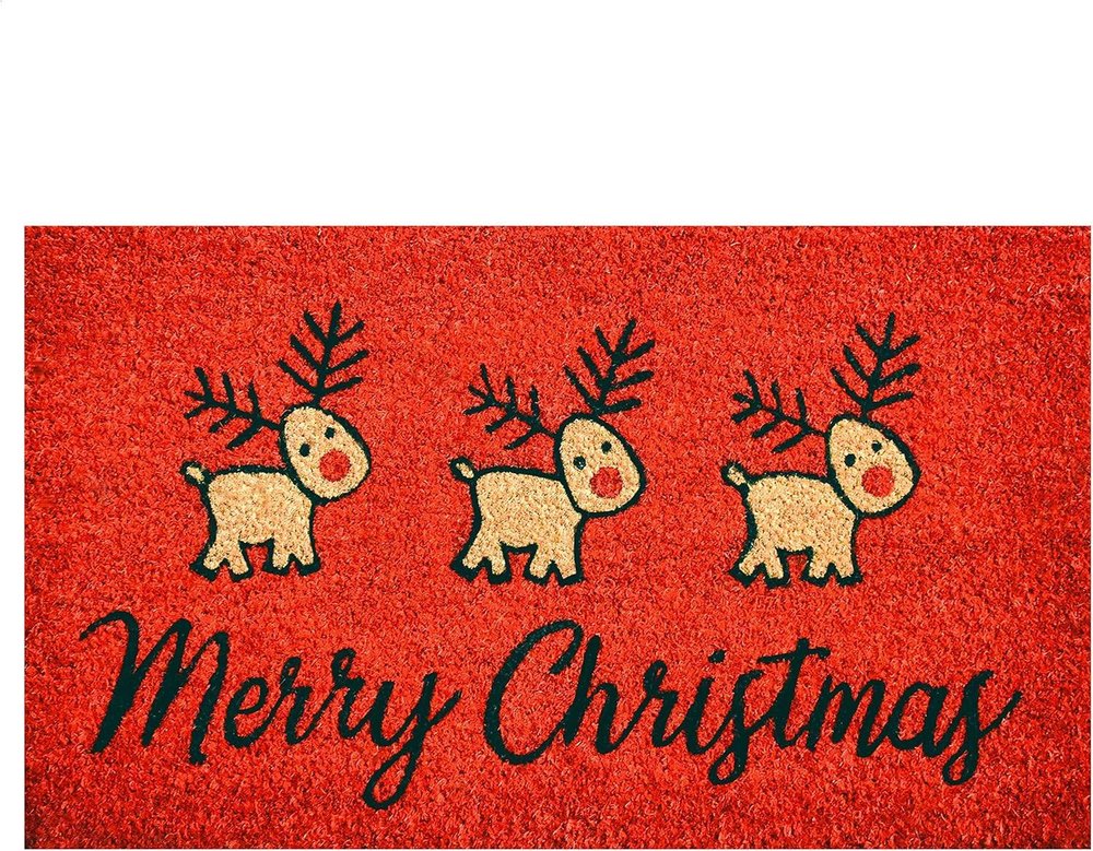 17" X 29" Red And Black Coir Reindeer Outdoor Christmas Door Mat