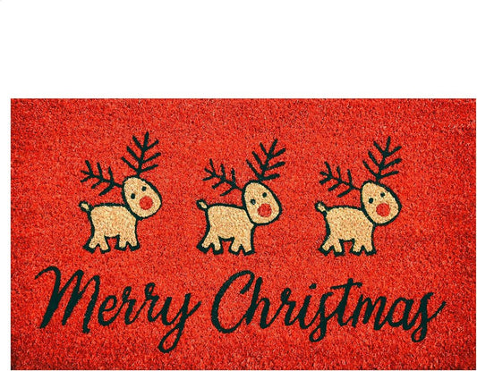 17" X 29" Red And Black Coir Reindeer Outdoor Christmas Door Mat