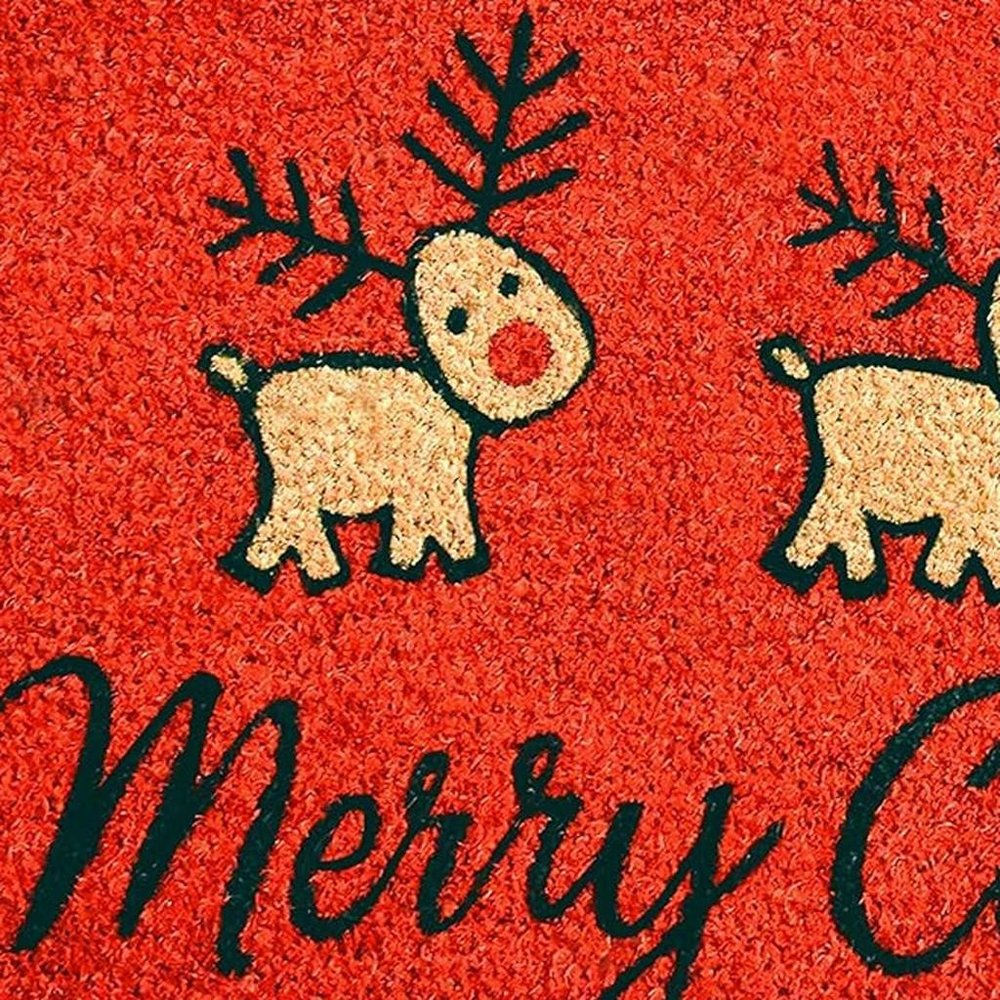 17" X 29" Red And Black Coir Reindeer Outdoor Christmas Door Mat