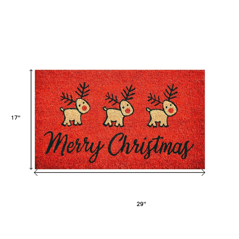 17" X 29" Red And Black Coir Reindeer Outdoor Christmas Door Mat