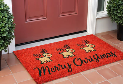 17" X 29" Red And Black Coir Reindeer Outdoor Christmas Door Mat