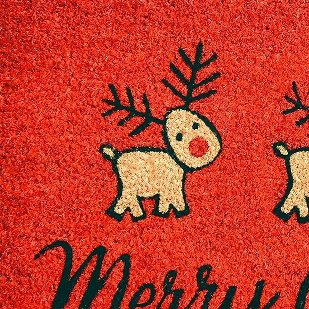 17" X 29" Red And Black Coir Reindeer Outdoor Christmas Door Mat
