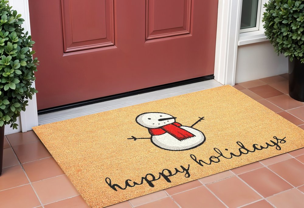 17" X 29" Natural And White Coir Snowman Outdoor Christmas Door Mat
