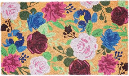 17" X 29" Natural Pink And Blue Floral Outdoor Coir Door Mat