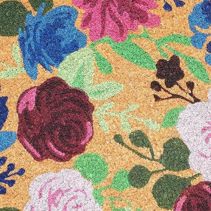 17" X 29" Natural Pink And Blue Floral Outdoor Coir Door Mat