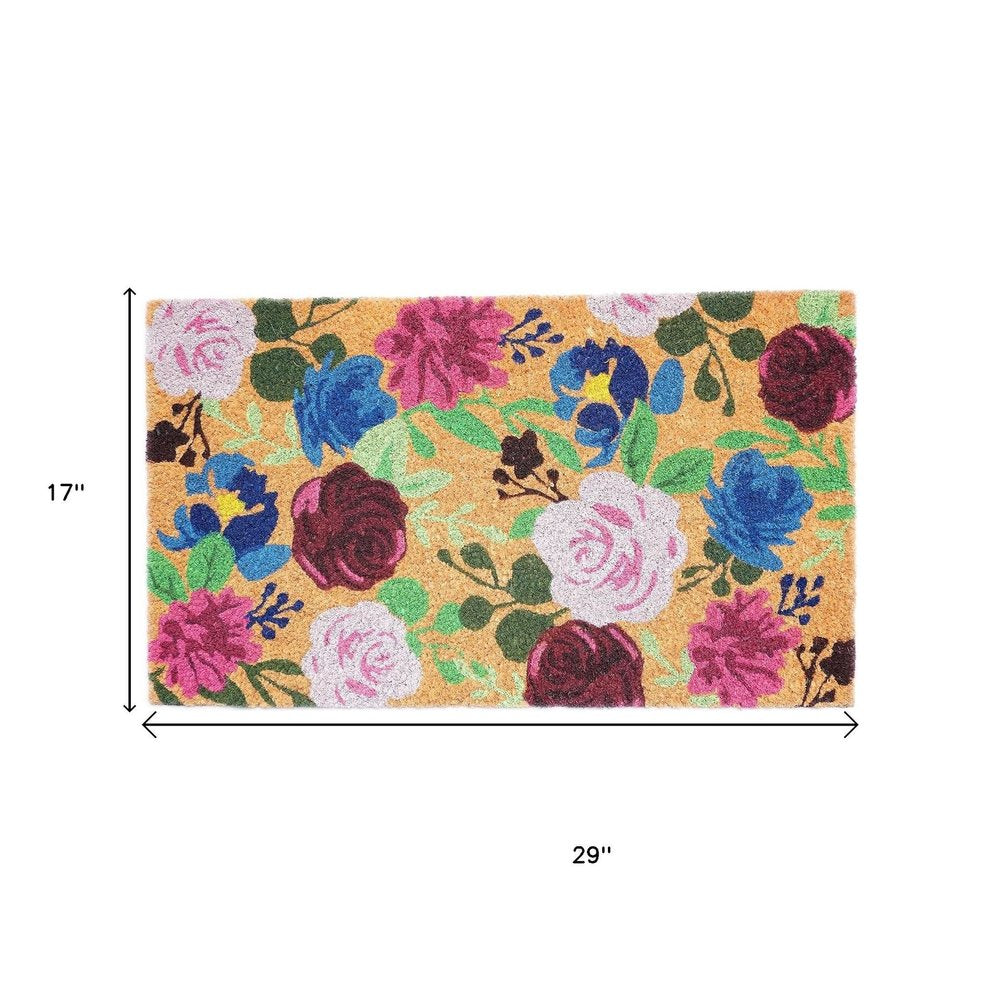 17" X 29" Natural Pink And Blue Floral Outdoor Coir Door Mat