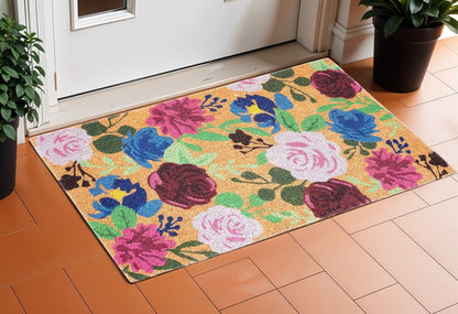 17" X 29" Natural Pink And Blue Floral Outdoor Coir Door Mat