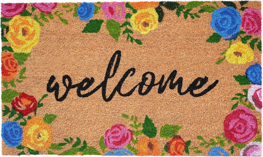 17" X 29" Natural Blue Pink And Yellow Floral Welcome Outdoor Coir Door Mat