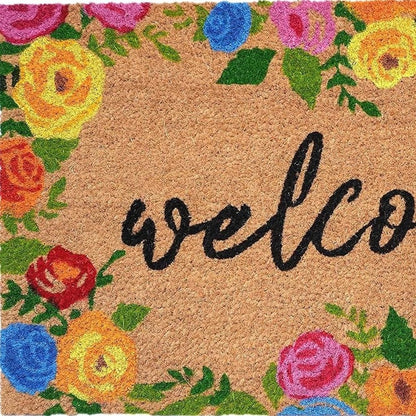 17" X 29" Natural Blue Pink And Yellow Floral Welcome Outdoor Coir Door Mat