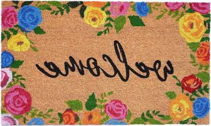 17" X 29" Natural Blue Pink And Yellow Floral Welcome Outdoor Coir Door Mat