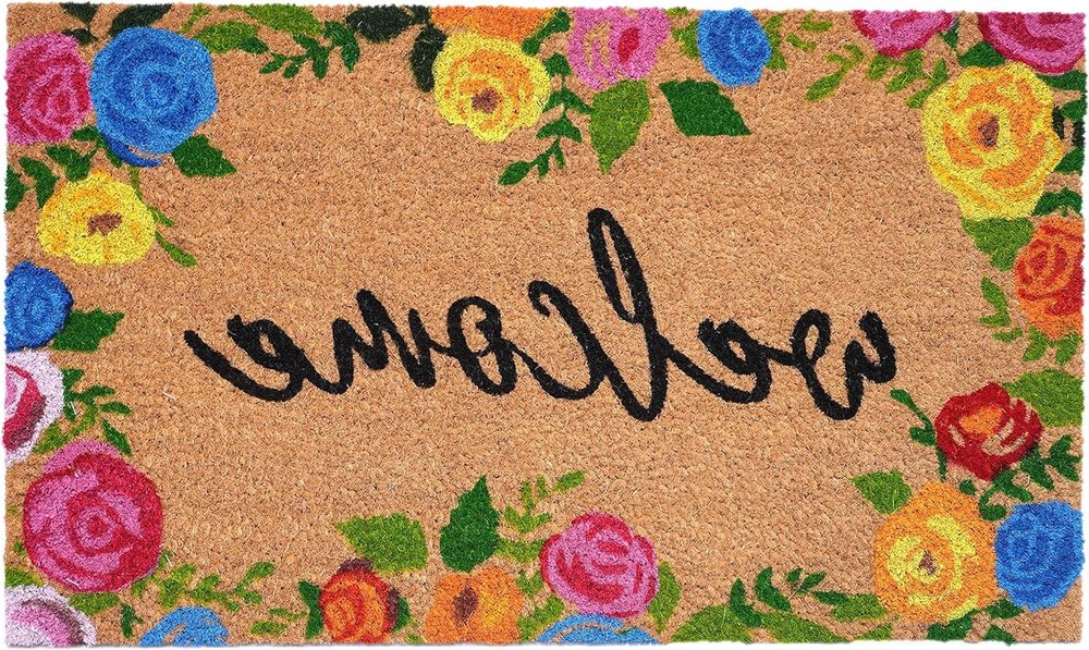 17" X 29" Natural Blue Pink And Yellow Floral Welcome Outdoor Coir Door Mat