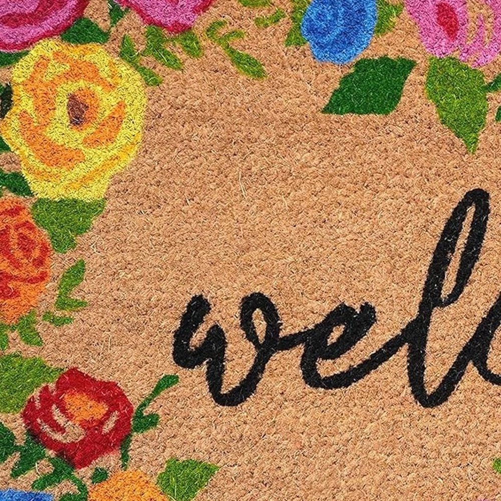17" X 29" Natural Blue Pink And Yellow Floral Welcome Outdoor Coir Door Mat
