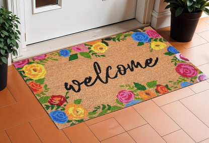 17" X 29" Natural Blue Pink And Yellow Floral Welcome Outdoor Coir Door Mat